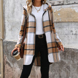 Cappotto Donna Lungo Oversize a Quadri Isolante con Cappuccio in Tessuto Spesso