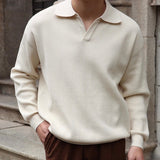 Maglia da uomo in maglia autunnale – Vestibilità comoda – Misto cotone a coste – Colletto senza bottoni – Manica lunga
