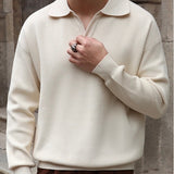 Maglia da uomo in maglia autunnale – Vestibilità comoda – Misto cotone a coste – Colletto senza bottoni – Manica lunga