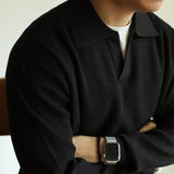 Maglia da uomo in maglia autunnale – Vestibilità comoda – Misto cotone a coste – Colletto senza bottoni – Manica lunga